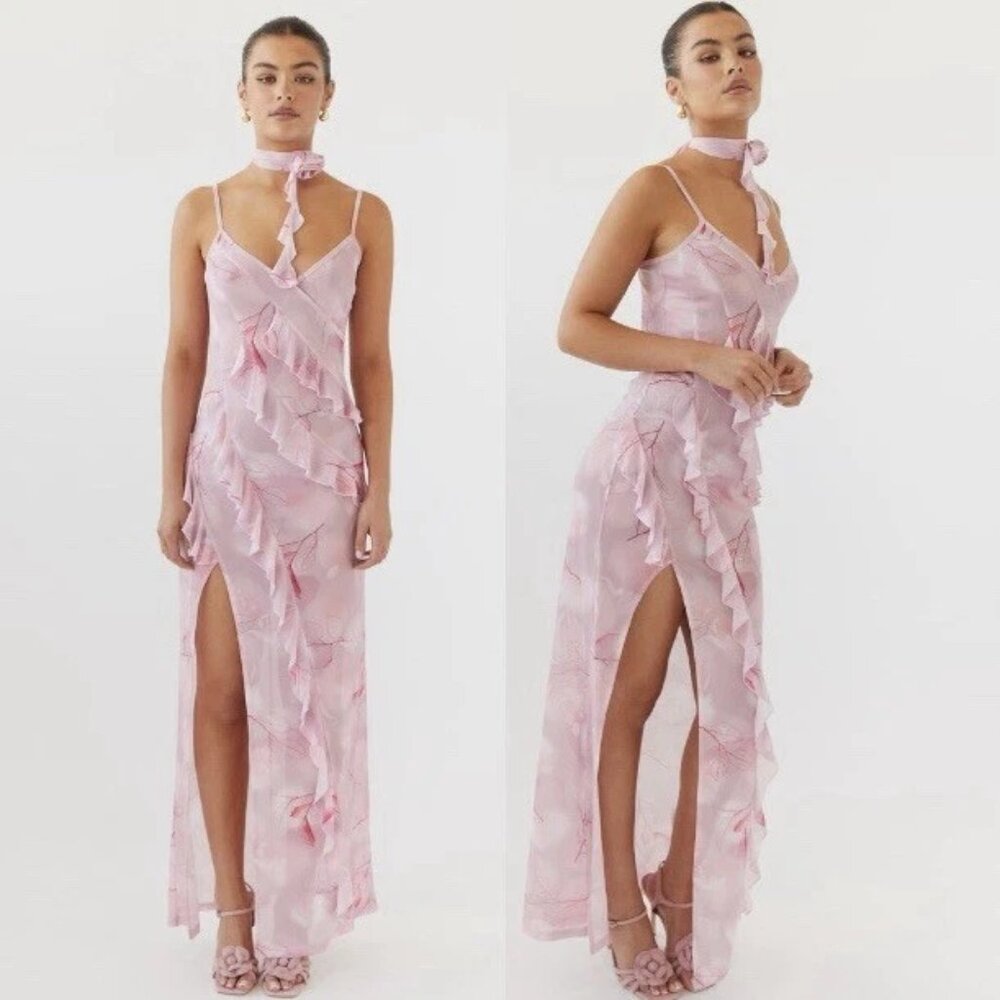 Peppermayo Womens Size 4 Romantics Mesh Dress‎ Long Maxi Sheer Pink NEW w/Scarf